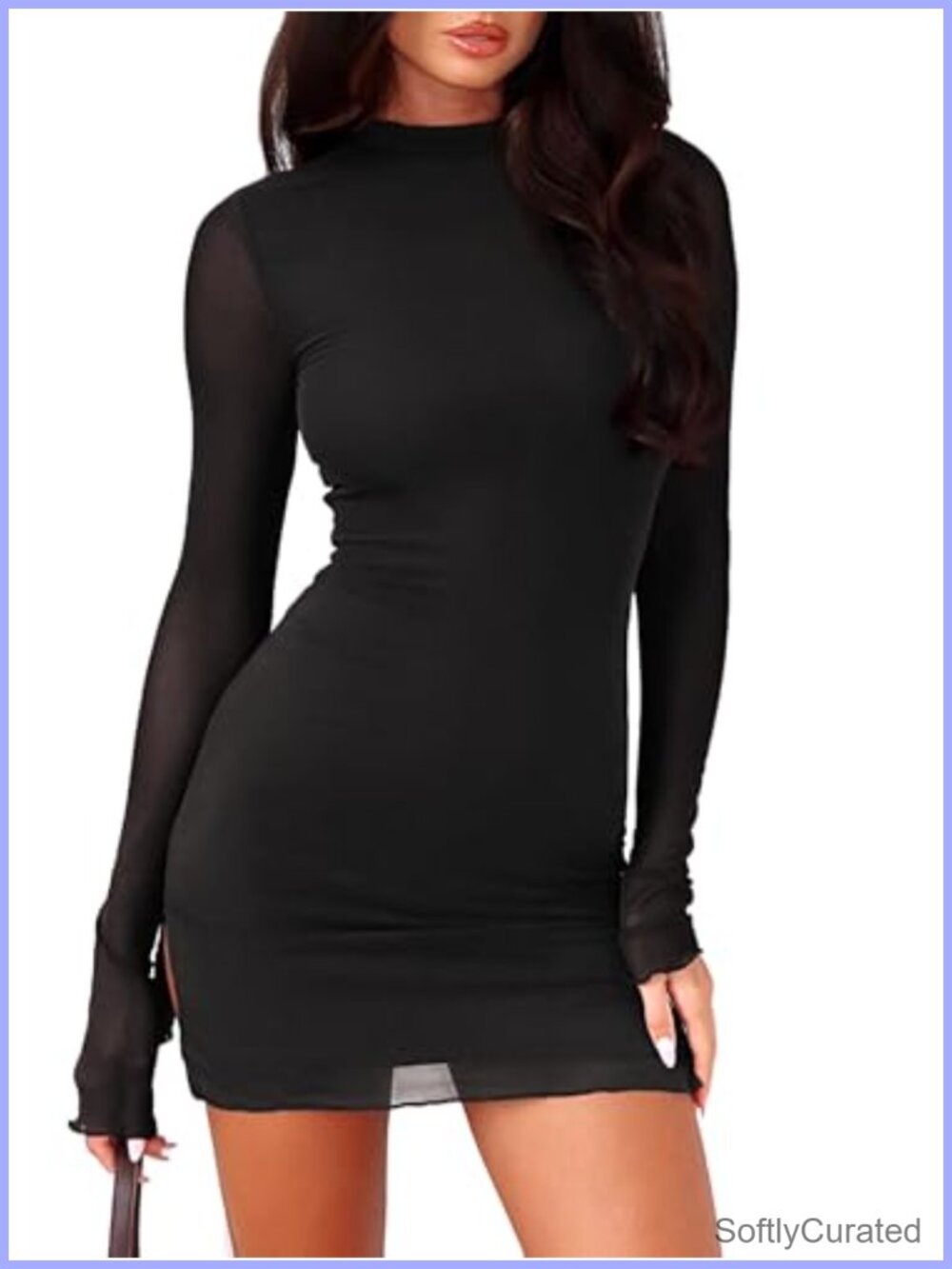 Women Mesh Bodycon Mini Dress Long Sleeve Mock Neck Slit Club Party
